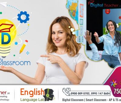 A promotional collage for digital education services featuring icons representing smart classrooms, logos for Digital Teacher