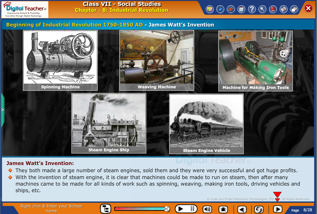 Smart class - social infographic about beginning of industrial revolution and inventions by James Watt