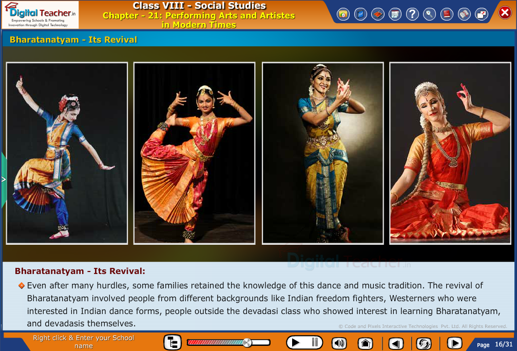 Smart class - social studies on different arts and artistes in modern time - Bharatanatyam and its revival