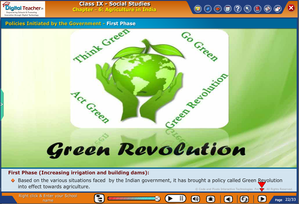 Smart class - social studies on the policies initiated by the government to increase irrigation and defining green revolution